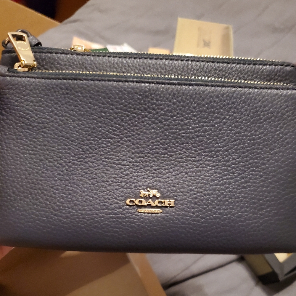 Coach Navy Wristlet with Gold Accents Double Zip Wallet - Picture 8 of 11